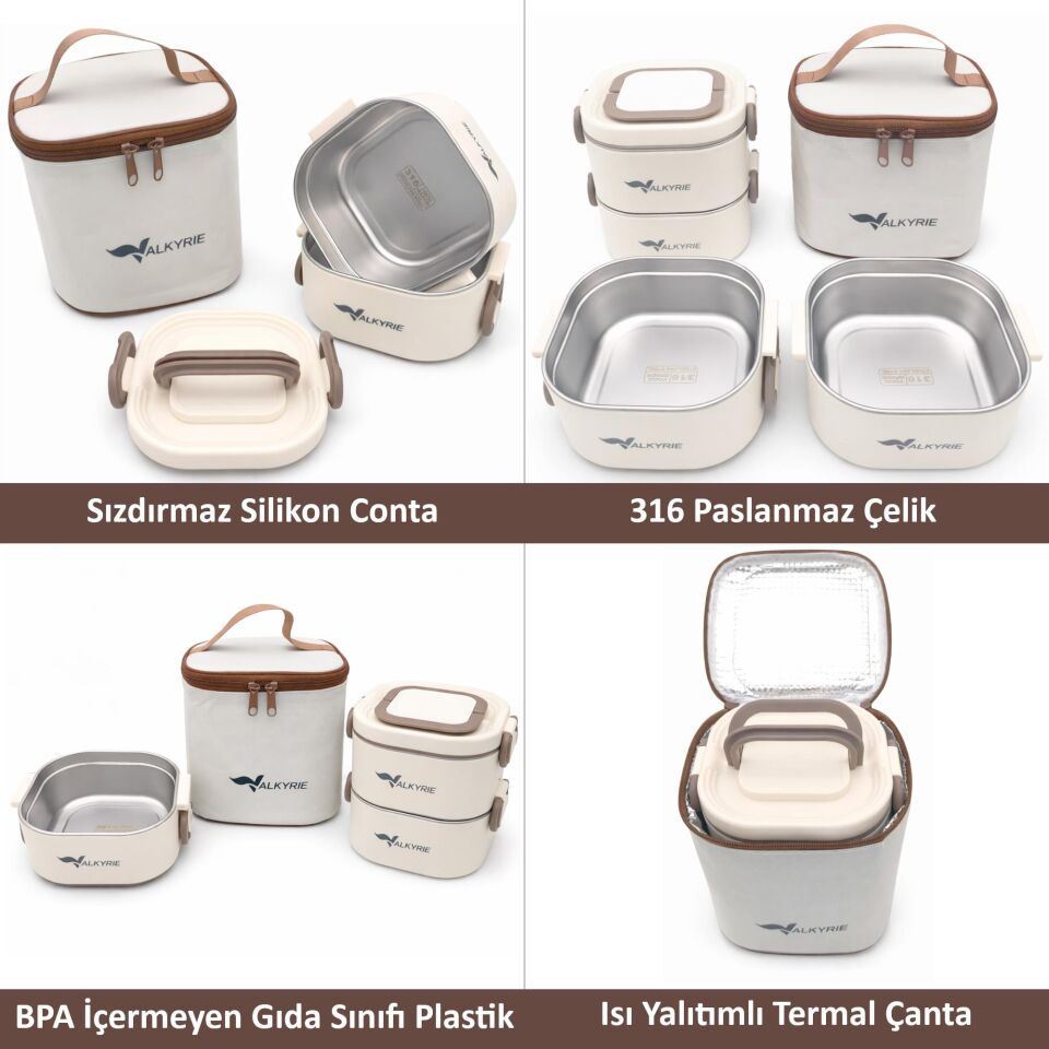 Valkyrie 1300 ML 2 Katlı Paslanmaz Çelik Yemek Kabı – Termal Taşıma Çantalı, Sızdırmaz, BPA İçermez