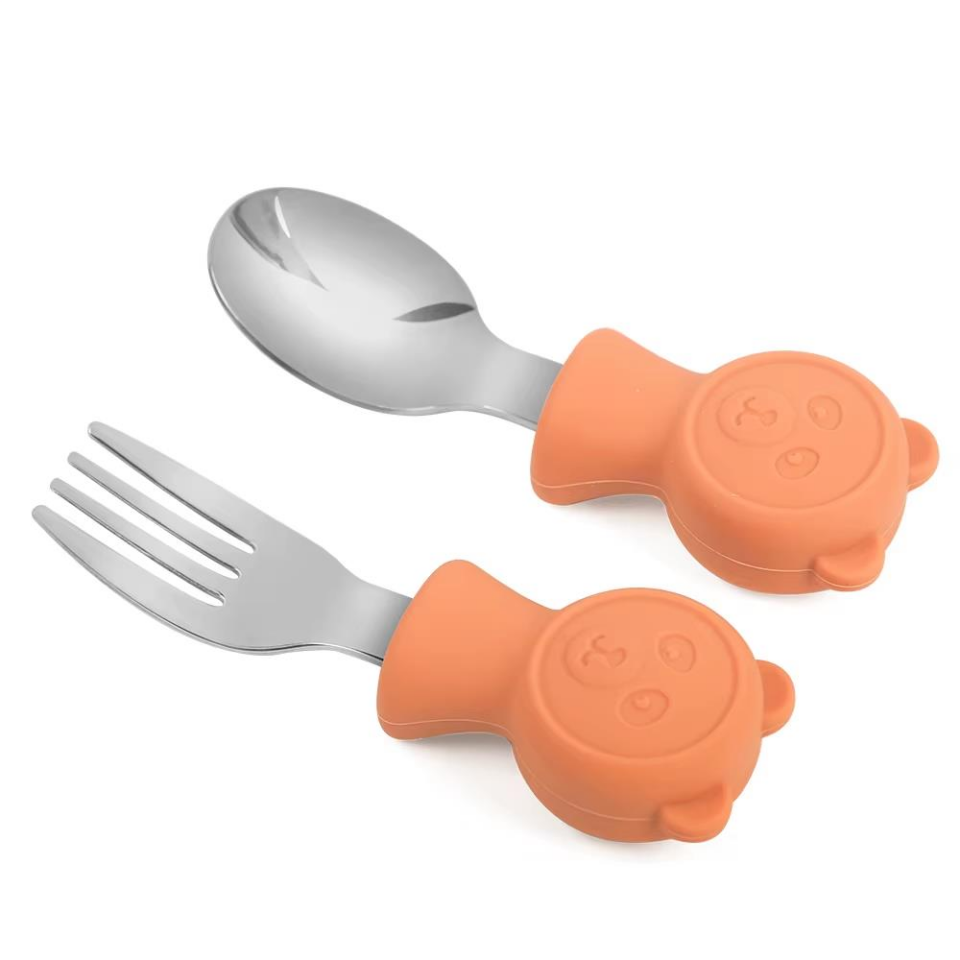 Valkyrie 304 Çelik Panda Bebek Kaşık Çatal SetiSilikon Saplı BPA İçermez Ergonomik Kaymaz Turuncu