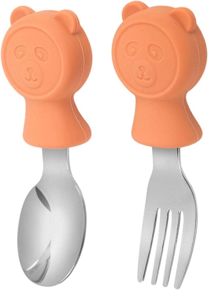 Valkyrie 304 Çelik Panda Bebek Kaşık Çatal SetiSilikon Saplı BPA İçermez Ergonomik Kaymaz Turuncu