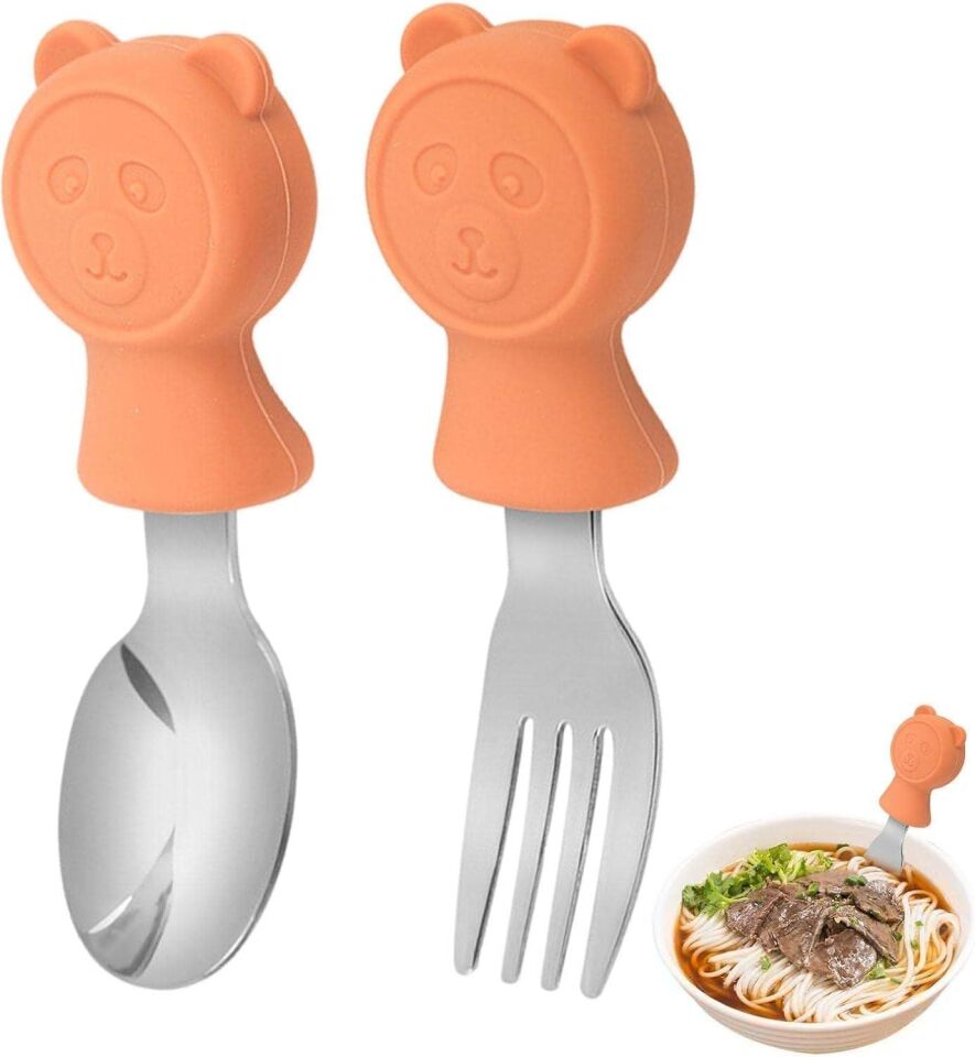 Valkyrie 304 Çelik Panda Bebek Kaşık Çatal SetiSilikon Saplı BPA İçermez Ergonomik Kaymaz Turuncu