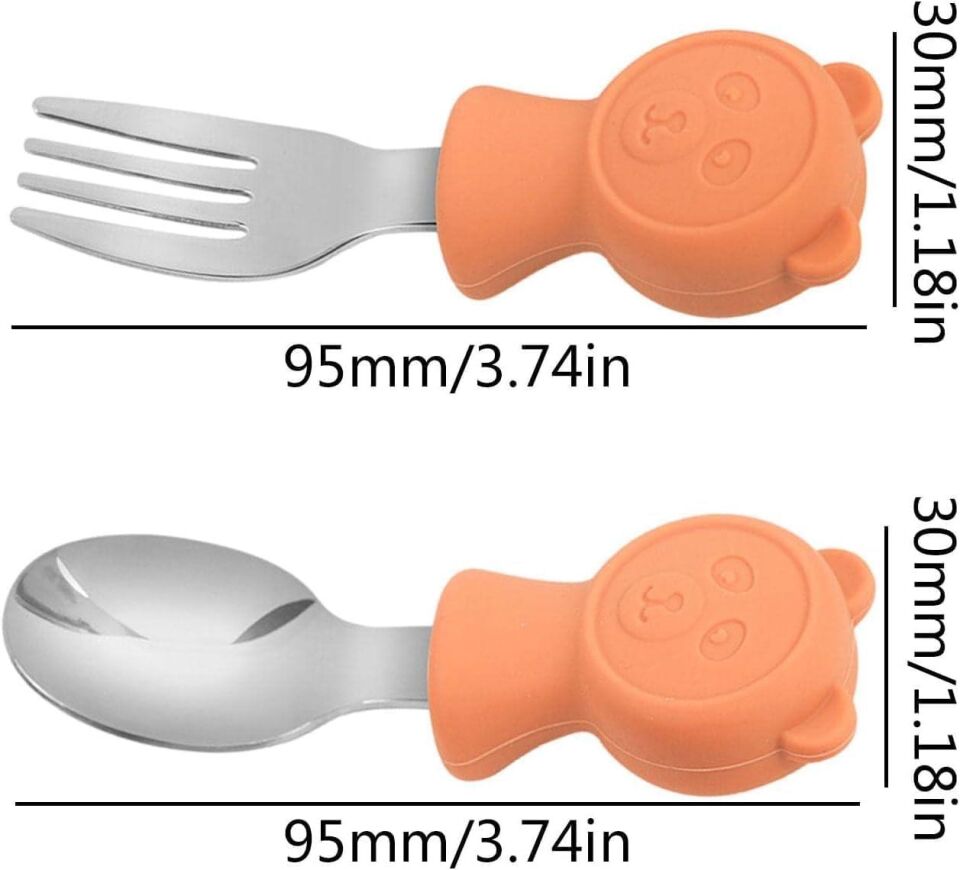 Valkyrie 304 Çelik Panda Bebek Kaşık Çatal SetiSilikon Saplı BPA İçermez Ergonomik Kaymaz Turuncu