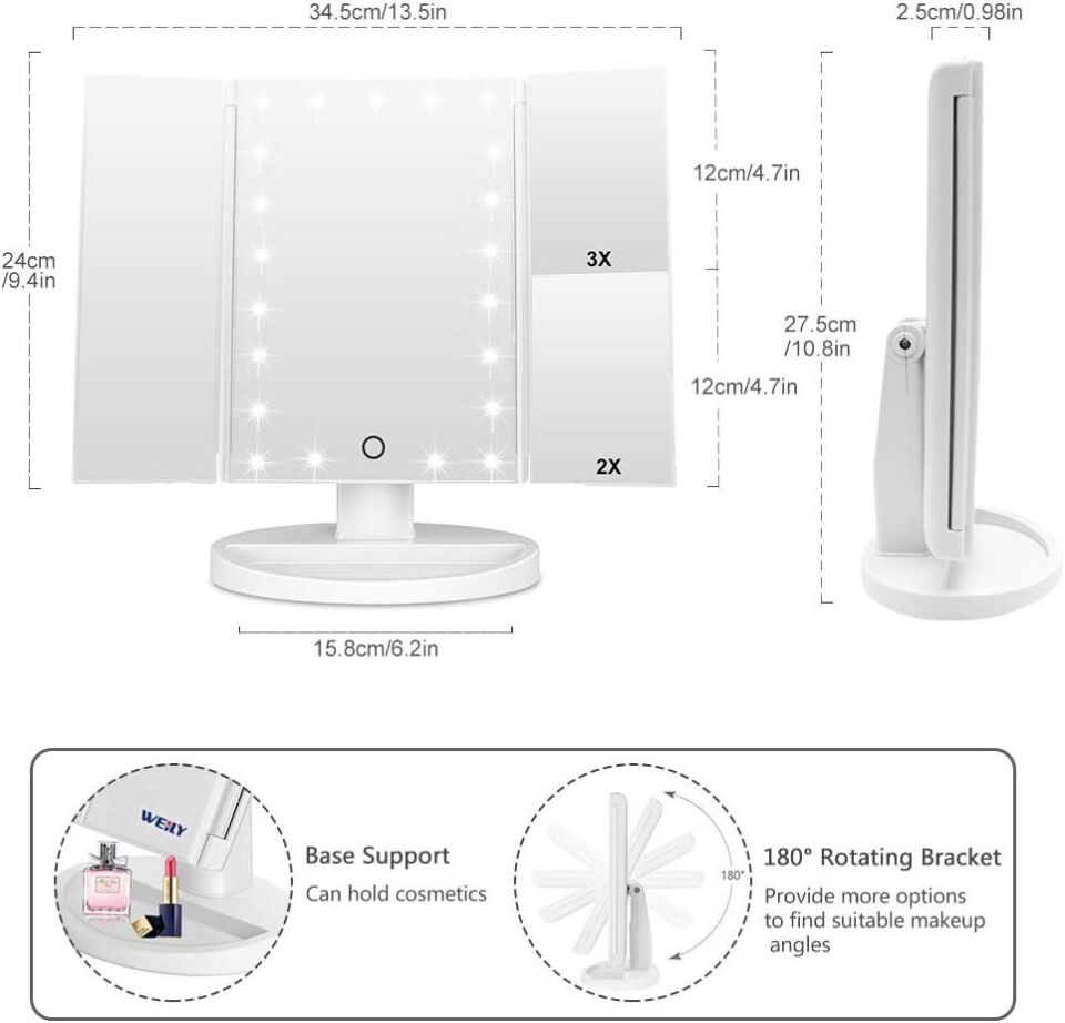 Valkyrie LED Işıklı Katlanabilir Makyaj Aynası - 2X 3X 10X Büyütme Modu - Dokunmatik Touch Ekran - 5 Farklı Ayna