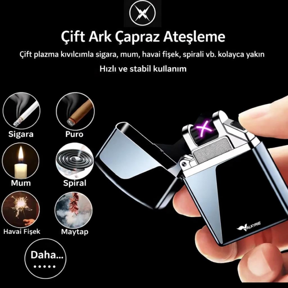 Valkyrie Çift Ark Plazma Şarjlı Çakmak – Rüzgâr Geçirmez, Dokunmatik, USB Şarjlı Mini