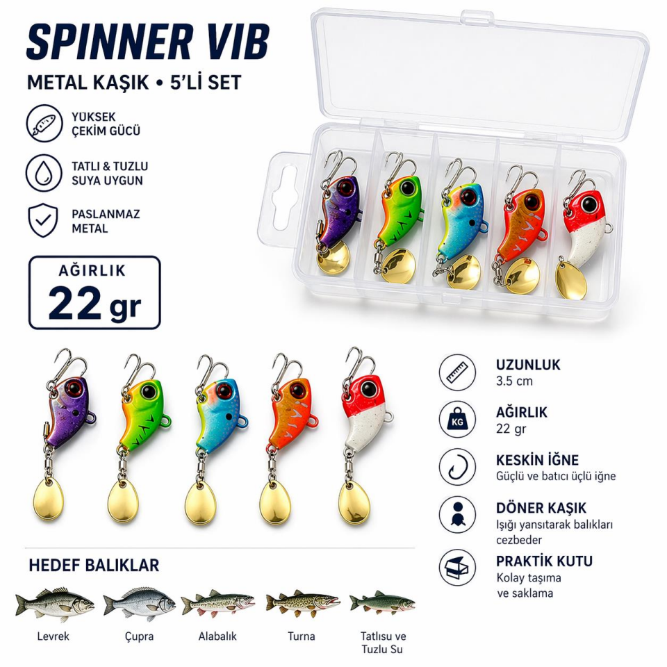 Valkyrie 5’li Spinner VIB Metal Kaşık Sahte Balık 22gr – Döner Kaşık Lüfer Levrek Turna Avı