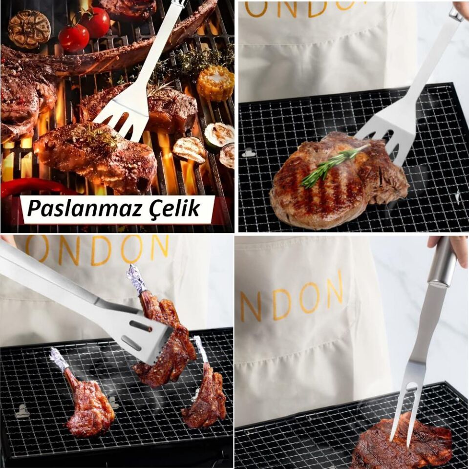 Valkyrie 7 Parça Çantalı Mangal Barbekü Maşa Spatula Seti Paslanmaz Çelik 1. Kalite