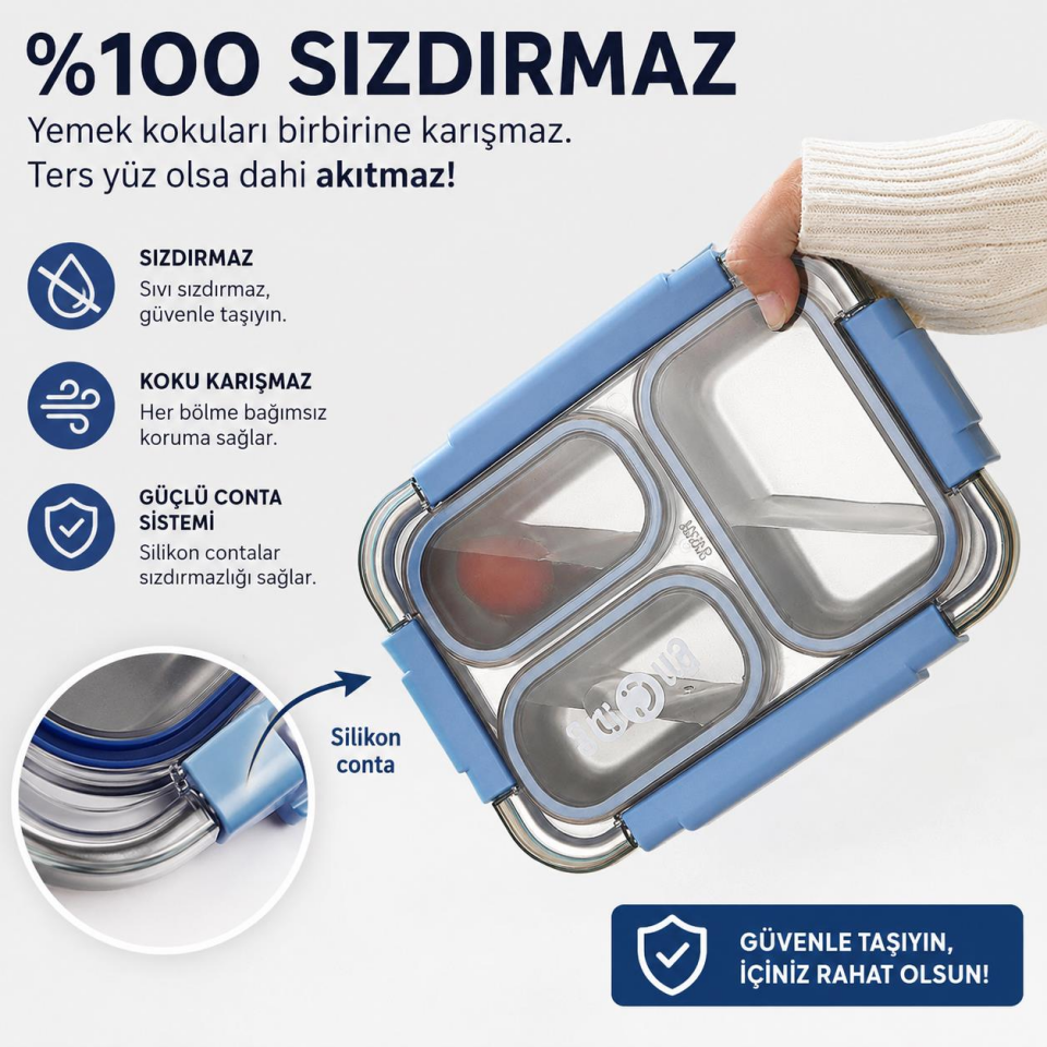 Valkyrie 304 Paslanmaz Çelik 4 Bölmeli Mavi Lunch Box Termal Çantalı – Sızdırmaz Beslenme Kabı, Çatal Kaşık Dahil