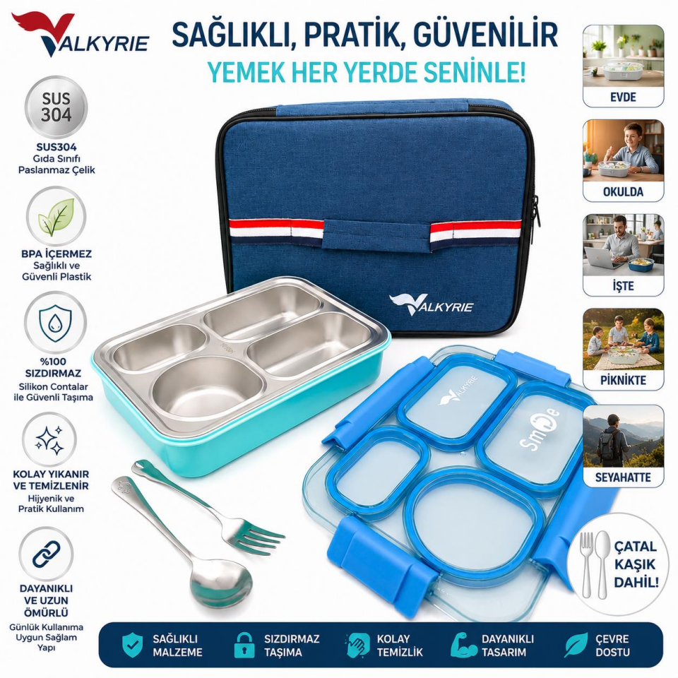 Valkyrie 304 Paslanmaz Çelik 4 Bölmeli Mavi Lunch Box Termal Çantalı – Sızdırmaz Beslenme Kabı, Çatal Kaşık Dahil