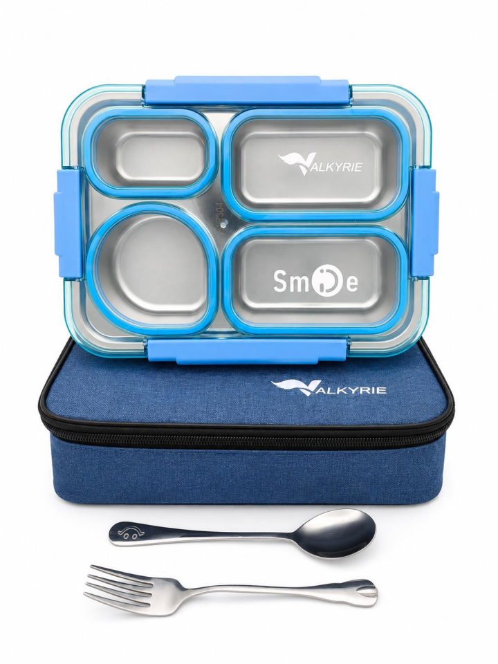 Valkyrie 304 Paslanmaz Çelik 4 Bölmeli Mavi Lunch Box Termal Çantalı – Sızdırmaz Beslenme Kabı, Çatal Kaşık Dahil