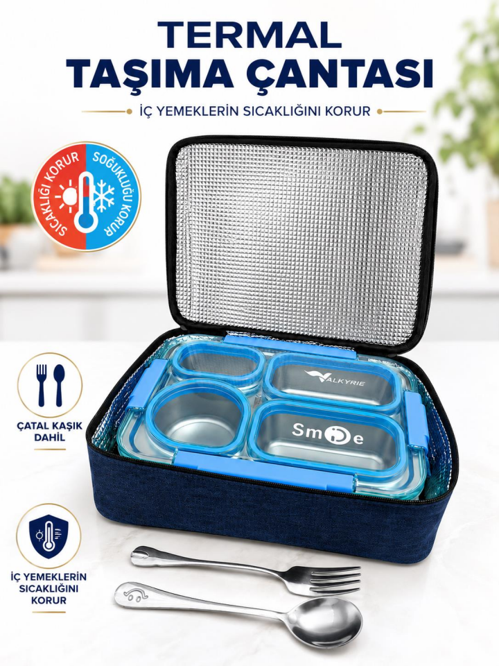 Valkyrie 304 Paslanmaz Çelik 4 Bölmeli Mavi Lunch Box Termal Çantalı – Sızdırmaz Beslenme Kabı, Çatal Kaşık Dahil