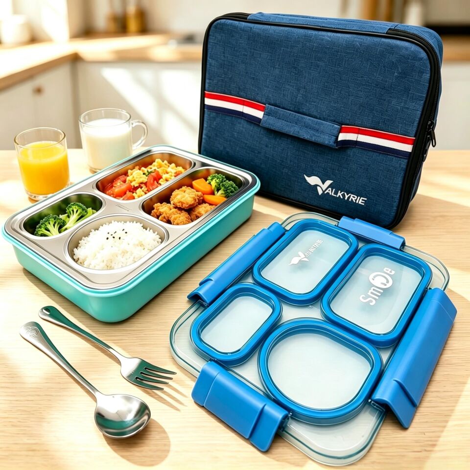 Valkyrie 304 Paslanmaz Çelik 4 Bölmeli Mavi Lunch Box Termal Çantalı – Sızdırmaz Beslenme Kabı, Çatal Kaşık Dahil