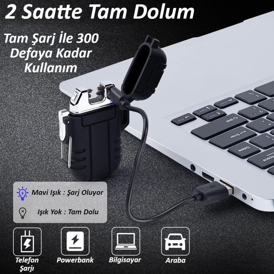 Valkyrie Su Geçirmez Şarjlı USB Çakmak Çift Ark Gazsız Plazma Elektrikli Alevsiz Çakmak Siyah