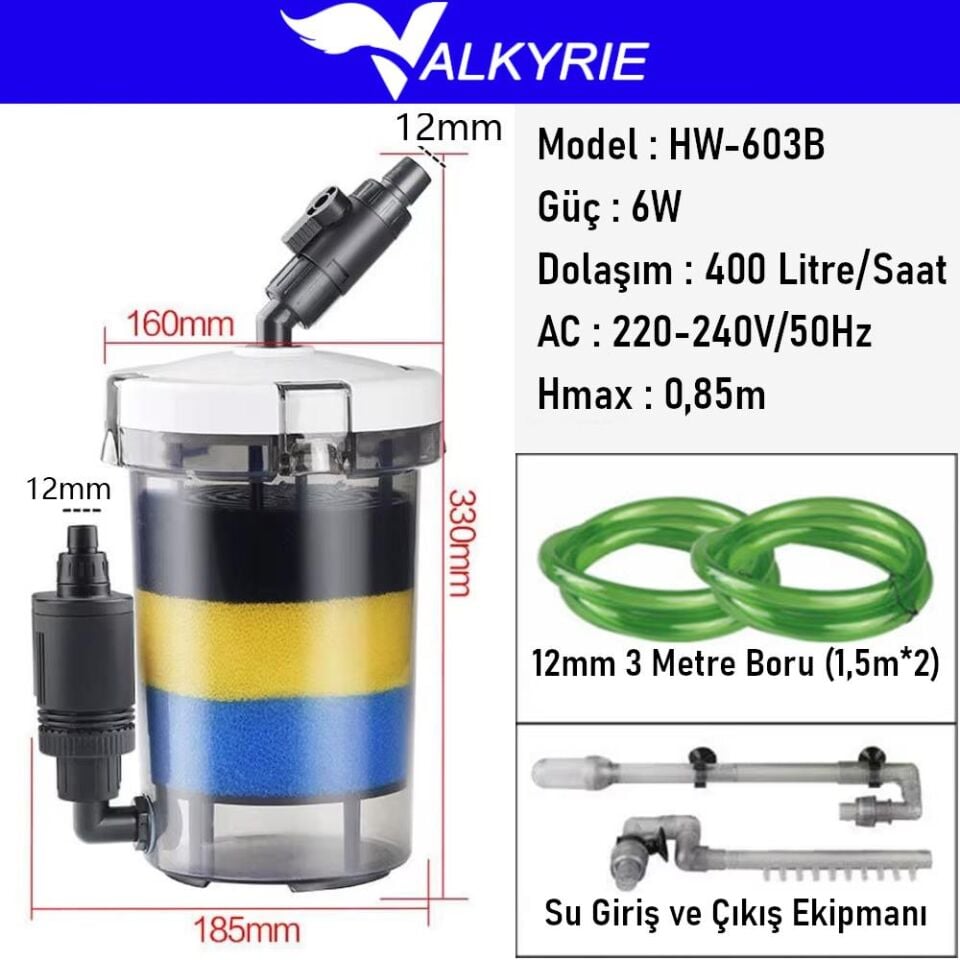 Valkyrie HW-603B Dış Filtre 400 Litre 6W Sessiz Çalışma Transparan Yüksek Kapasite