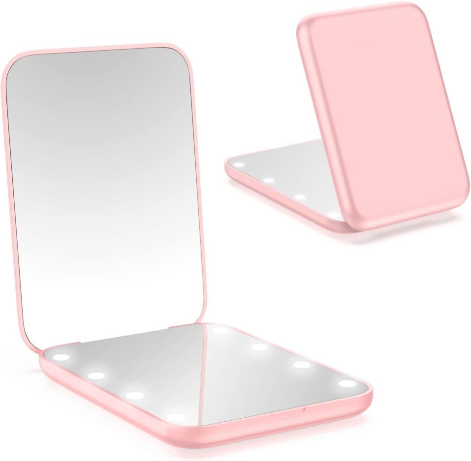 Valkyrie 8 LED Işıklı Cep Çanta Cüzdan Makyaj Aynası - 1X 3X Yakınlaştırma - Zarif ve Hafif Tasarım - Katlanabilir Ayna Pembe