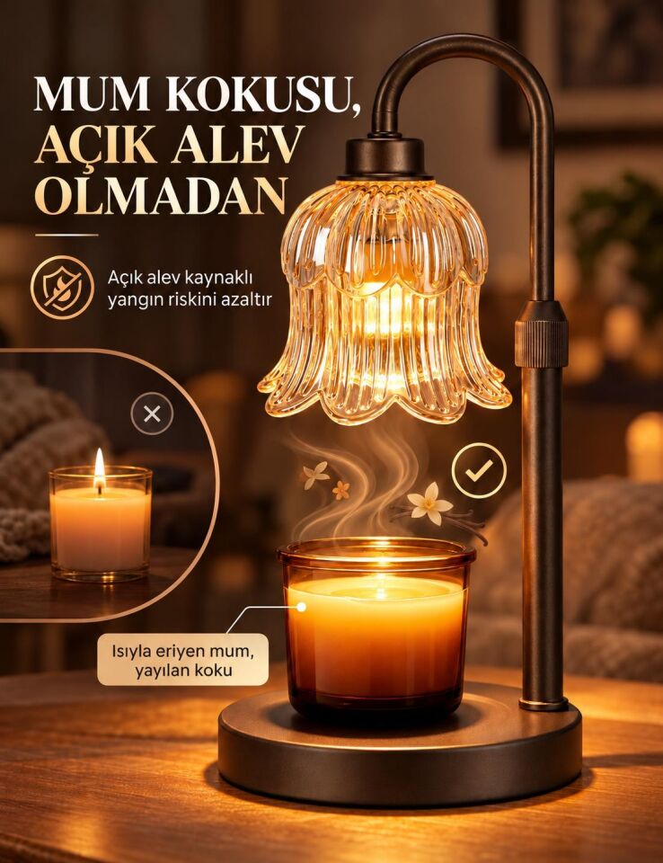 Valkyrie Ayarlanabilir Mum Isıtma Lambası Çiçek Cam Başlıklı Zaman Ayarlı 4 Kademeli Işık 2 Ampullü