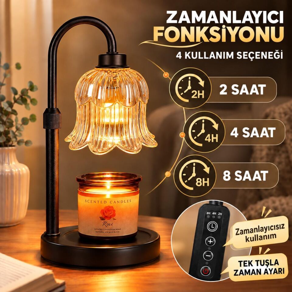 Valkyrie Ayarlanabilir Mum Isıtma Lambası Çiçek Cam Başlıklı Zaman Ayarlı 4 Kademeli Işık 2 Ampullü