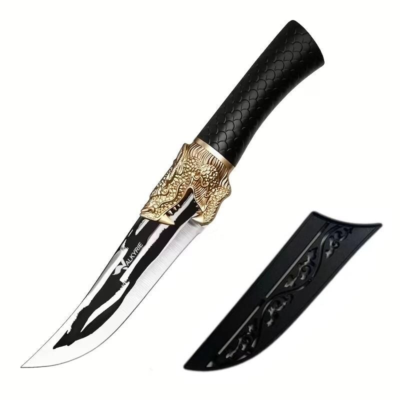 Valkyrie Dragon Tasarım Paslanmaz Çelik Şef Bıçağı – Siyah Saplı, Kılıflı Kasap & Mutfak Bıçağı