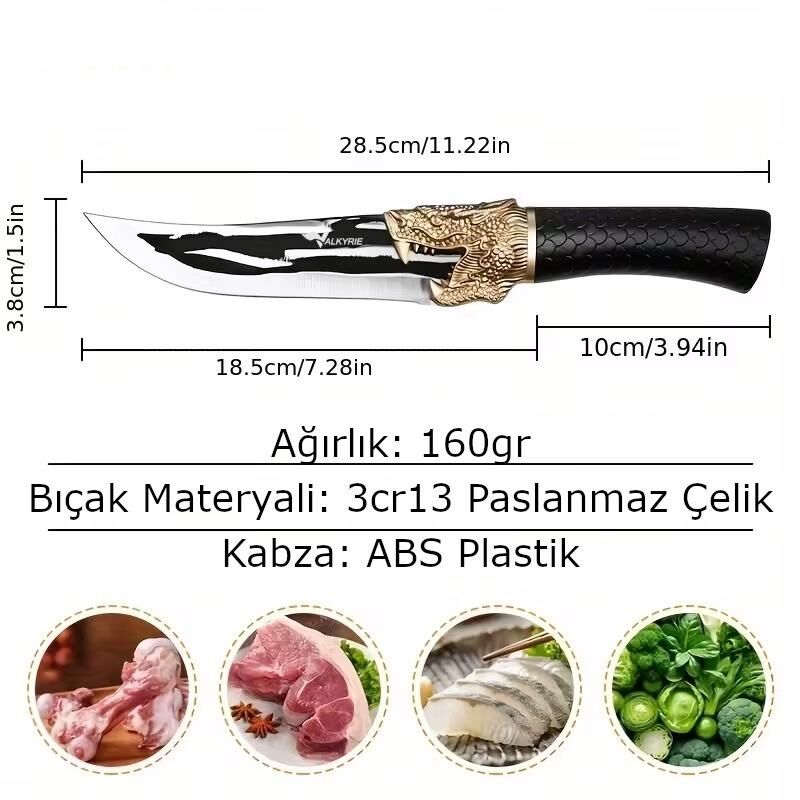 Valkyrie Dragon Tasarım Paslanmaz Çelik Şef Bıçağı – Siyah Saplı, Kılıflı Kasap & Mutfak Bıçağı