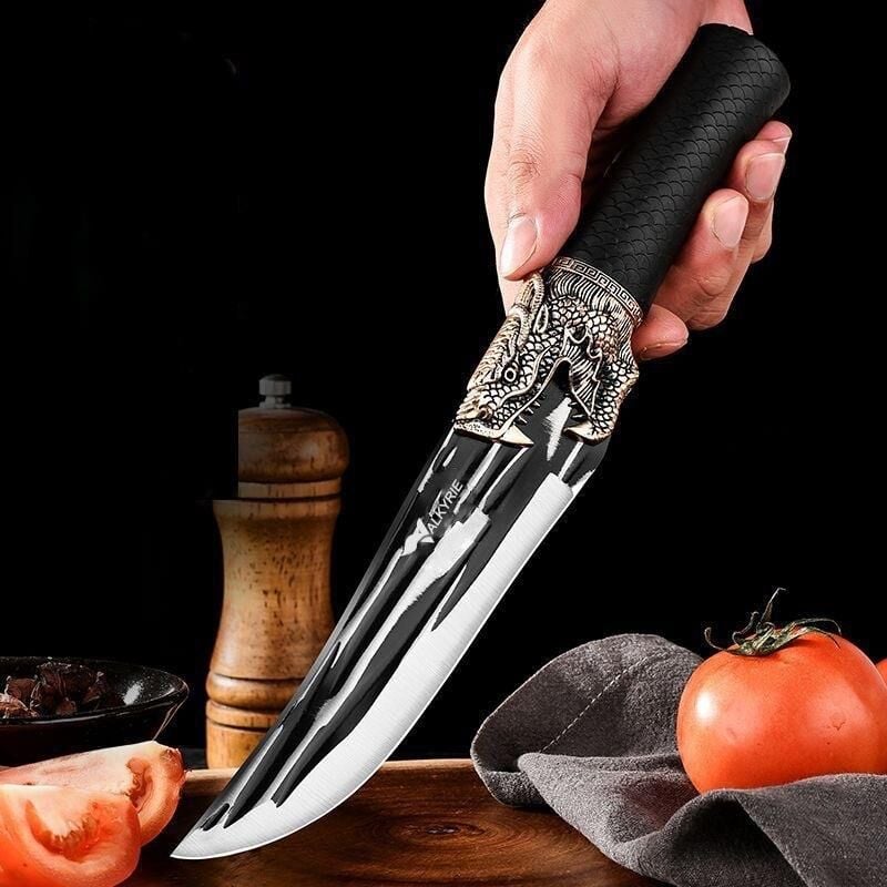 Valkyrie Dragon Tasarım Paslanmaz Çelik Şef Bıçağı – Siyah Saplı, Kılıflı Kasap & Mutfak Bıçağı