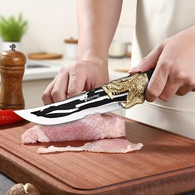 Valkyrie Dragon Tasarım Paslanmaz Çelik Şef Bıçağı – Siyah Saplı, Kılıflı Kasap & Mutfak Bıçağı