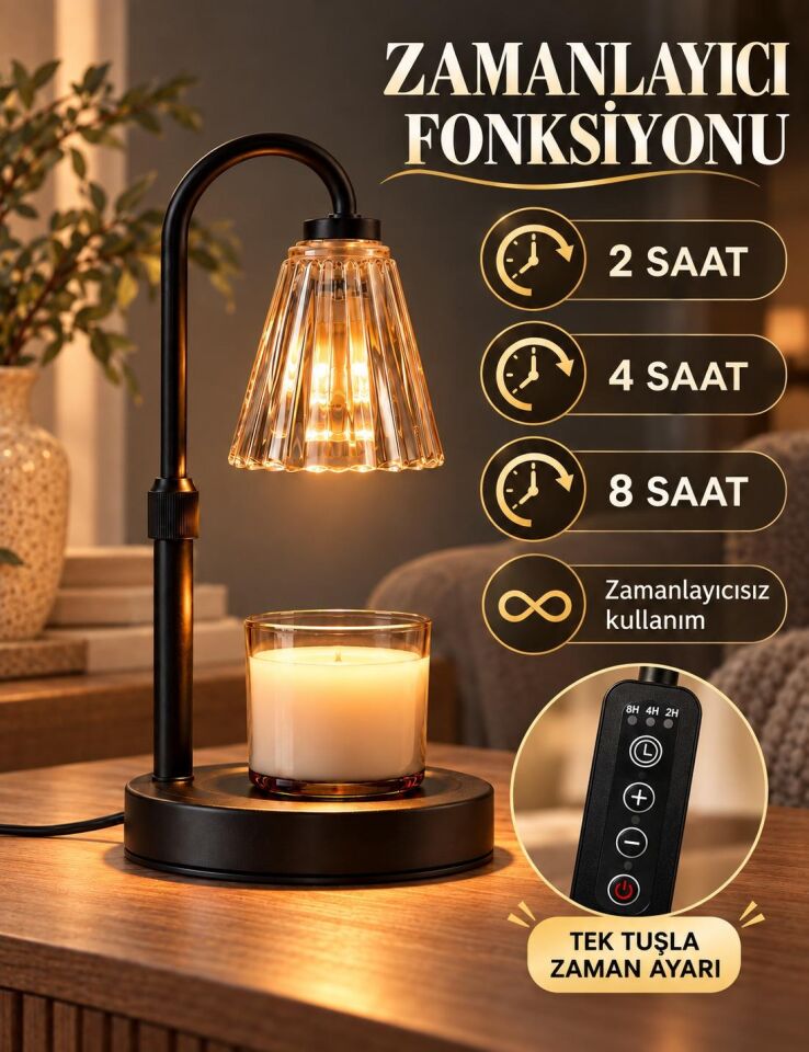 Valkyrie Oluklu Cam Başlıklı Mum Isıtma Lambası Zaman Ayarlı 4 Kademeli Işık 2 Ampullü