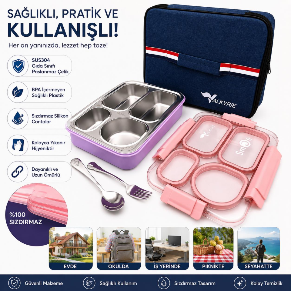 Valkyrie 304 Paslanmaz Çelik 4 Bölmeli Pembe Lunch Box Termal Çantalı – Sızdırmaz Beslenme Kabı, Çatal Kaşık Dahil