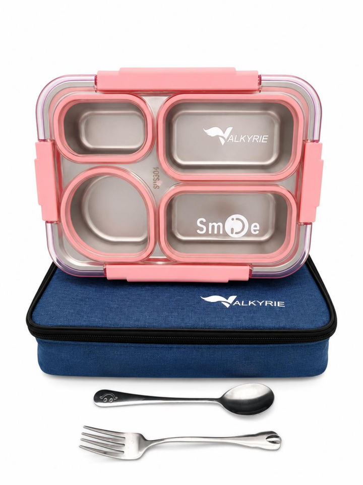 Valkyrie 304 Paslanmaz Çelik 4 Bölmeli Pembe Lunch Box Termal Çantalı – Sızdırmaz Beslenme Kabı, Çatal Kaşık Dahil