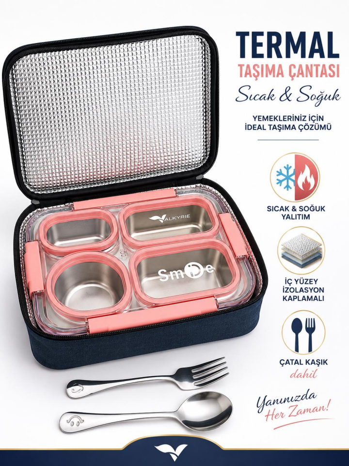 Valkyrie 304 Paslanmaz Çelik 4 Bölmeli Pembe Lunch Box Termal Çantalı – Sızdırmaz Beslenme Kabı, Çatal Kaşık Dahil
