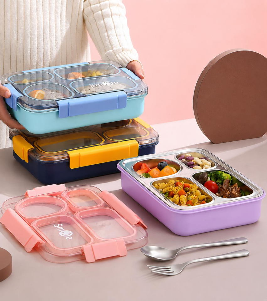 Valkyrie 304 Paslanmaz Çelik 4 Bölmeli Pembe Lunch Box Termal Çantalı – Sızdırmaz Beslenme Kabı, Çatal Kaşık Dahil