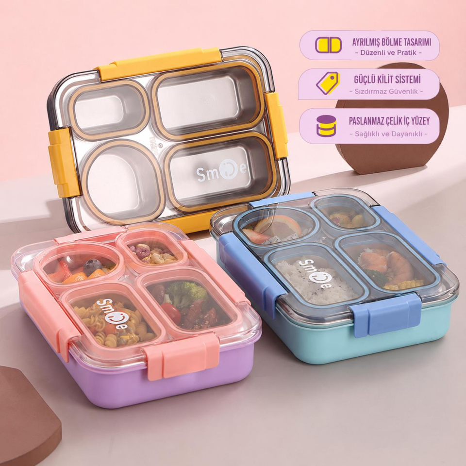 Valkyrie 304 Paslanmaz Çelik 4 Bölmeli Pembe Lunch Box Termal Çantalı – Sızdırmaz Beslenme Kabı, Çatal Kaşık Dahil