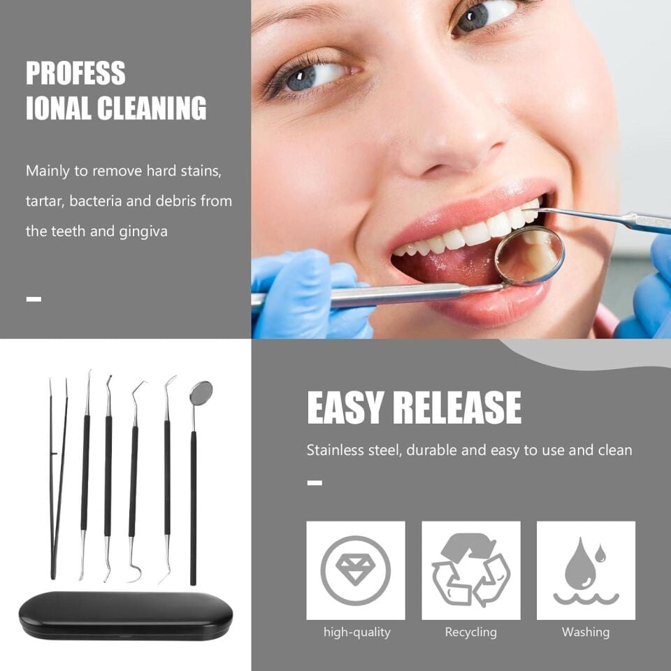 Valkyrie 6 Parça Paslanmaz Çelik Metal Kutulu  Diş Tartar Temizleme Dental Ağız Bakım Seti siyah kutu