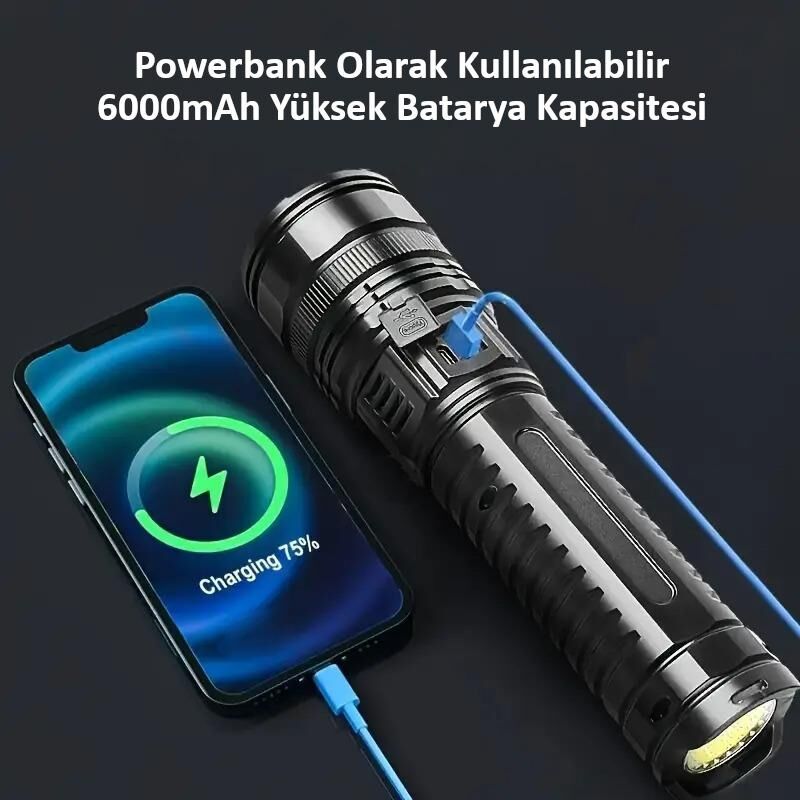 Valkyrie Ultra Güçlü Yüksek Parlaklık M80 LED Şarjlı El Feneri 6000mAh Powerbank