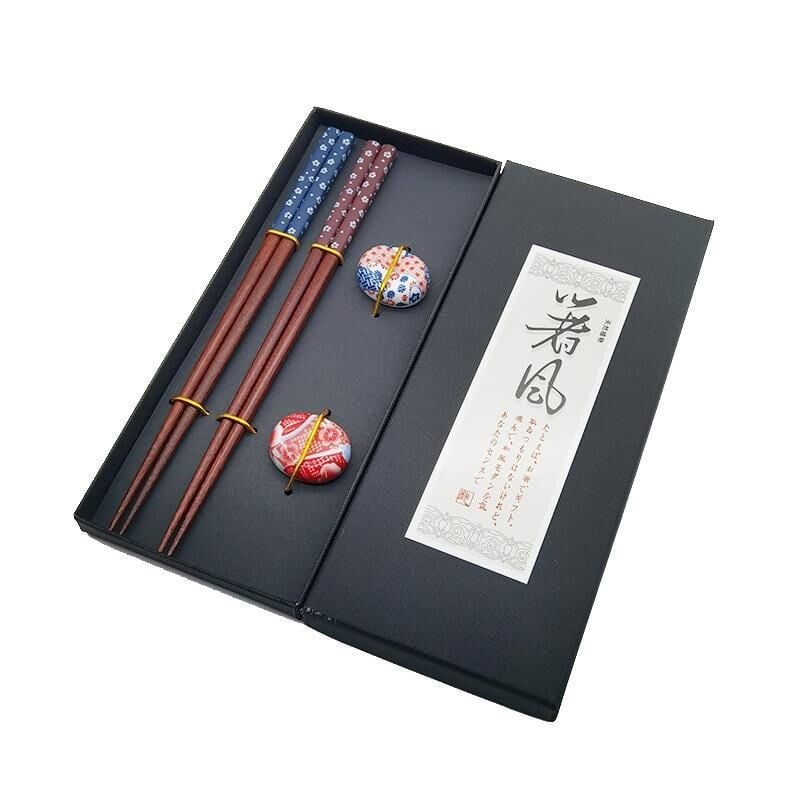 Valkyrie 2 Çift Doğal Ahşap Yemek Çubuğu Seti – Seramik Çubuk Tutacaklı Kutulu Japon Chopstick Seti