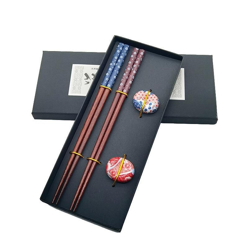 Valkyrie 2 Çift Doğal Ahşap Yemek Çubuğu Seti – Seramik Çubuk Tutacaklı Kutulu Japon Chopstick Seti