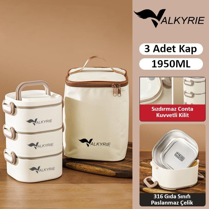 Valkyrie 1950 ML 3 Katlı Paslanmaz Çelik Yemek Kabı – Termal Çantalı, Akıtmaz, BPA’sız | Tek Kap 3 Öğün