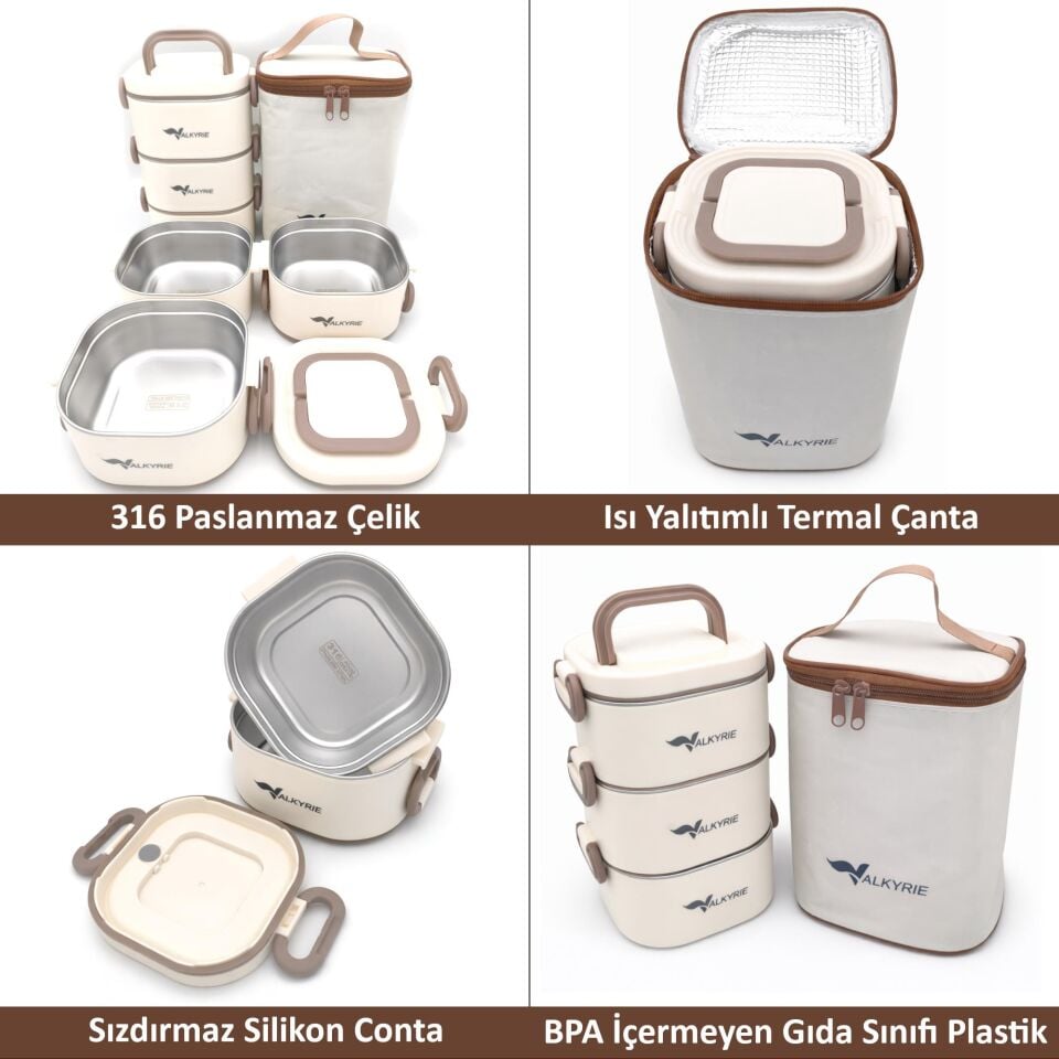 Valkyrie 1950 ML 3 Katlı Paslanmaz Çelik Yemek Kabı – Termal Çantalı, Akıtmaz, BPA’sız | Tek Kap 3 Öğün