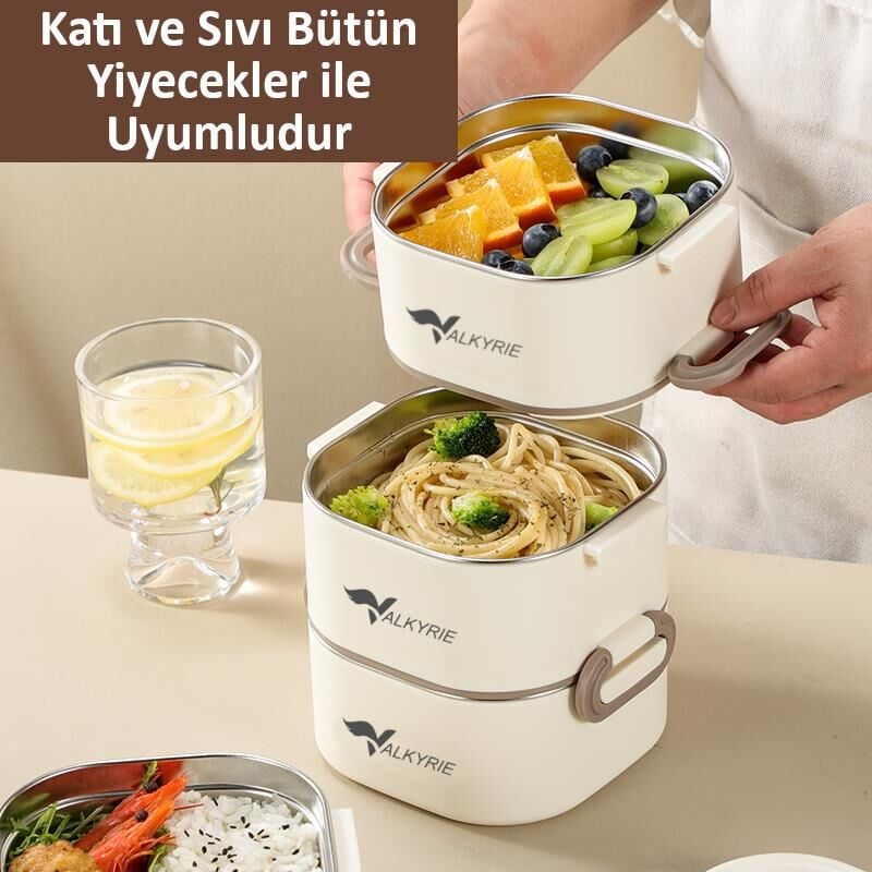 Valkyrie 1950 ML 3 Katlı Paslanmaz Çelik Yemek Kabı – Termal Çantalı, Akıtmaz, BPA’sız | Tek Kap 3 Öğün