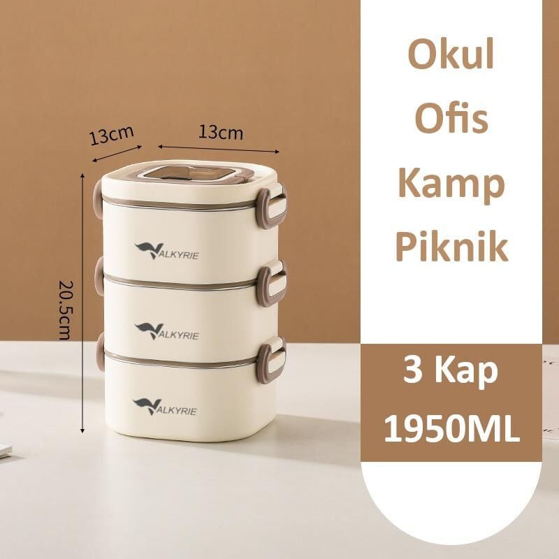 Valkyrie 1950 ML 3 Katlı Paslanmaz Çelik Yemek Kabı – Termal Çantalı, Akıtmaz, BPA’sız | Tek Kap 3 Öğün