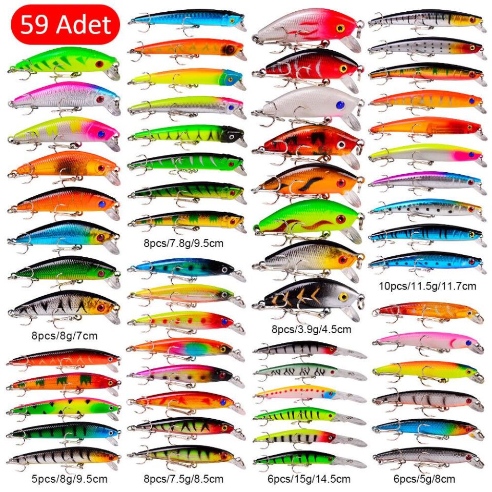 Valkyrie 59 Adet Karışık Minnow Crankbait Swimbait Rapala Sahte Yem Olta Seti Balık İğnesi