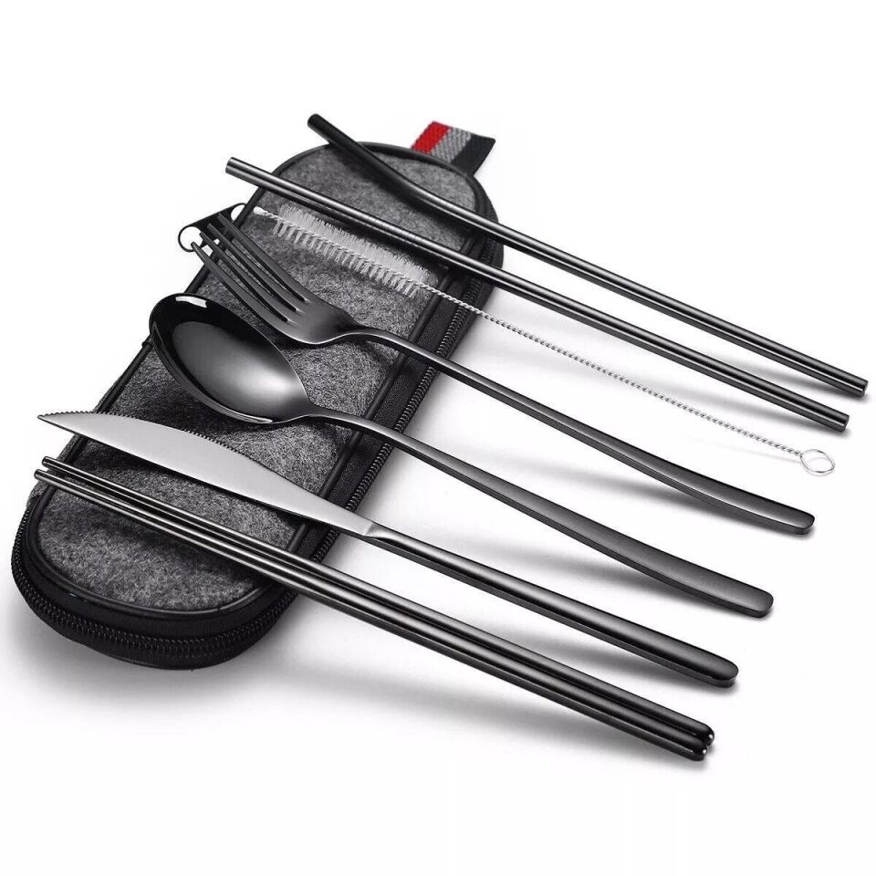 Valkyrie 8 Parça Çantalı Yolculuk Çatal Bıçak Kaşık Pipet Chopstick Seti Kamp Okul Ofis Tatil Paslanmaz Çelik Siyah