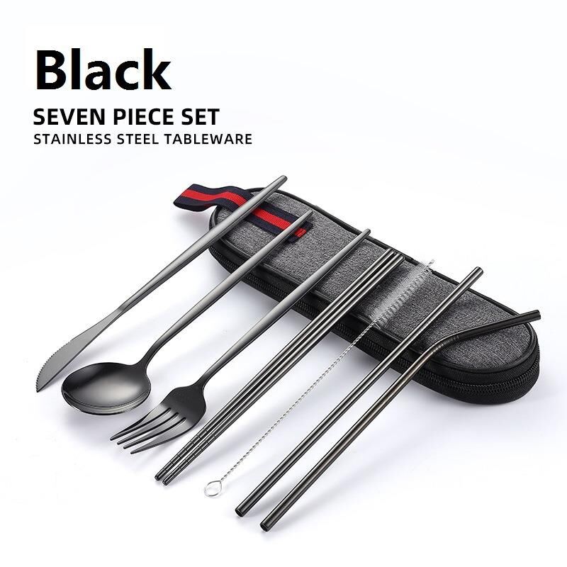 Valkyrie 8 Parça Çantalı Yolculuk Çatal Bıçak Kaşık Pipet Chopstick Seti Kamp Okul Ofis Tatil Paslanmaz Çelik Siyah