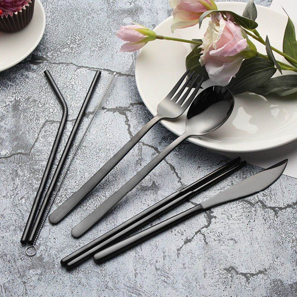 Valkyrie 8 Parça Çantalı Yolculuk Çatal Bıçak Kaşık Pipet Chopstick Seti Kamp Okul Ofis Tatil Paslanmaz Çelik Siyah