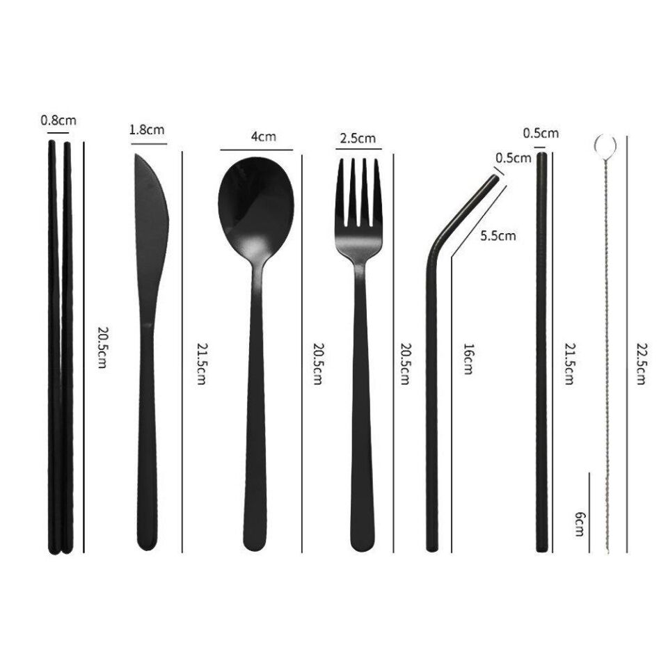 Valkyrie 8 Parça Çantalı Yolculuk Çatal Bıçak Kaşık Pipet Chopstick Seti Kamp Okul Ofis Tatil Paslanmaz Çelik Siyah