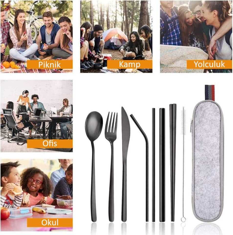 Valkyrie 8 Parça Çantalı Yolculuk Çatal Bıçak Kaşık Pipet Chopstick Seti Kamp Okul Ofis Tatil Paslanmaz Çelik Siyah