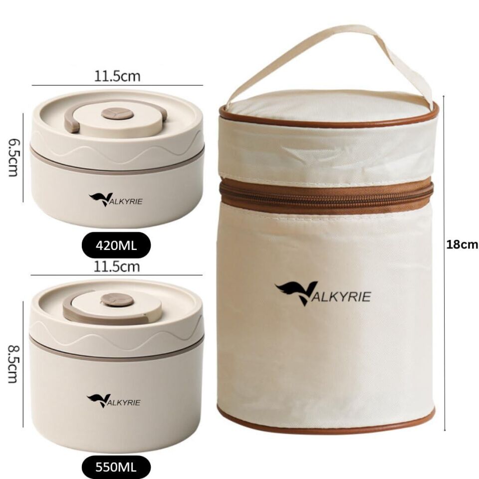 Valkyrie 2 Gözlü Paslanmaz Çelik Isı Yalıtımlı Yemek Kabı Seti Çantalı 304 Steel 420ml + 550ml