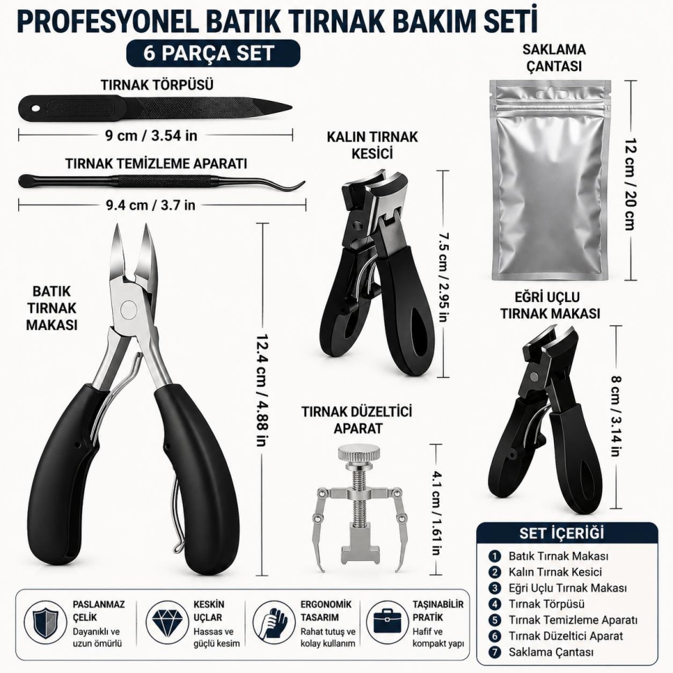Valkyrie 6 Parça Batık Tırnak Makası Seti Profesyonel Pedikür Manikür Bakım Seti B5pp