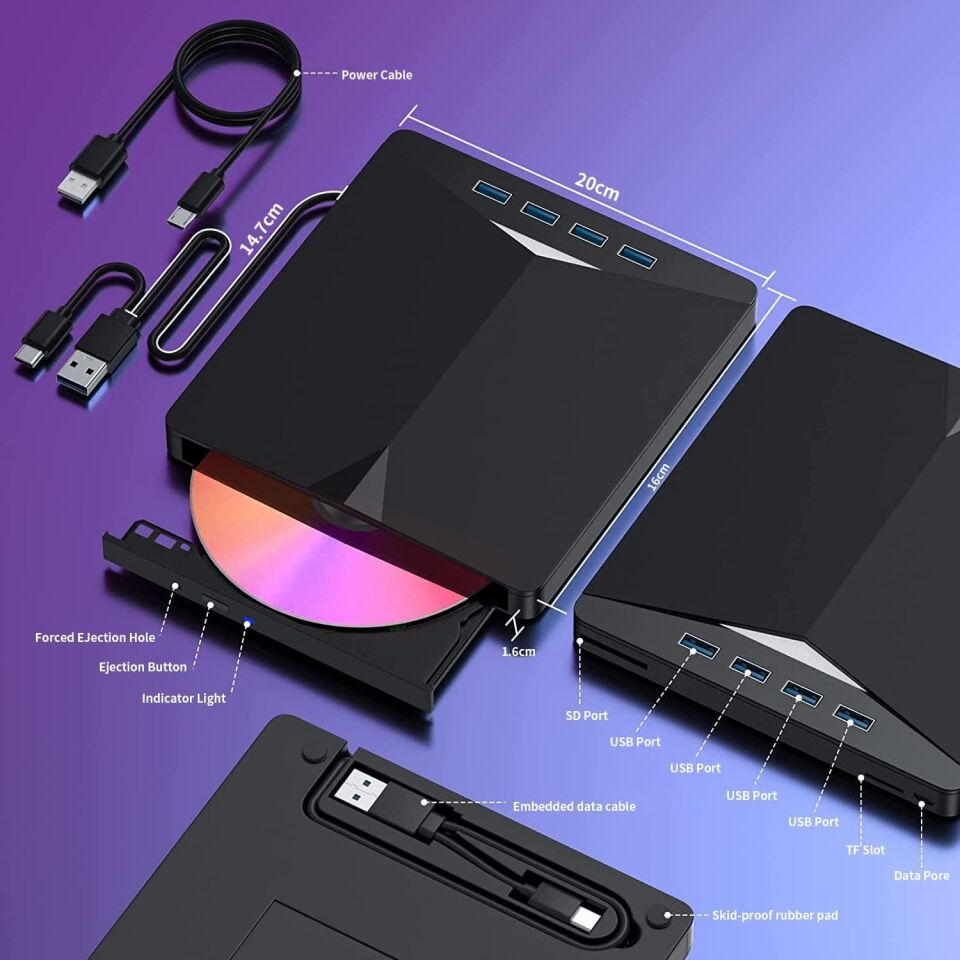 Valkyrie Harici CD DVD Rom Yazıcı Okuyucu USB 3.0 HUB Çoğaltıcı TF SD Kart Okuyucu 7in1