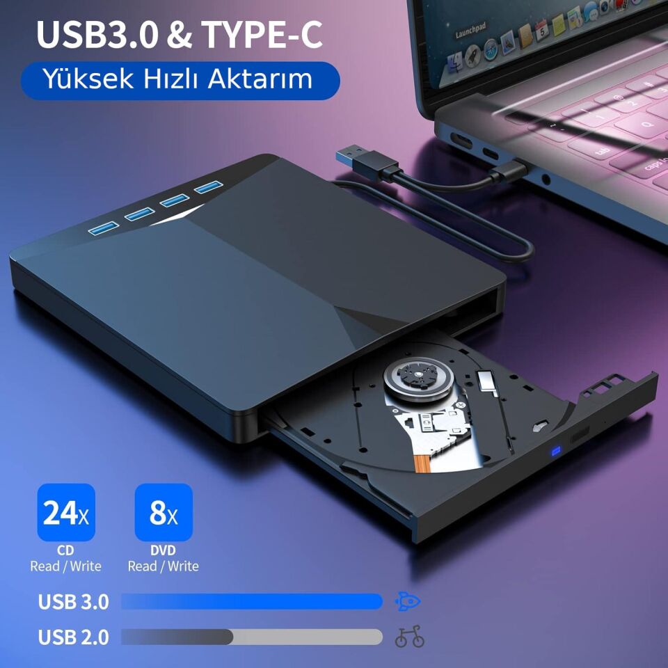 Valkyrie Harici CD DVD Rom Yazıcı Okuyucu USB 3.0 HUB Çoğaltıcı TF SD Kart Okuyucu 7in1