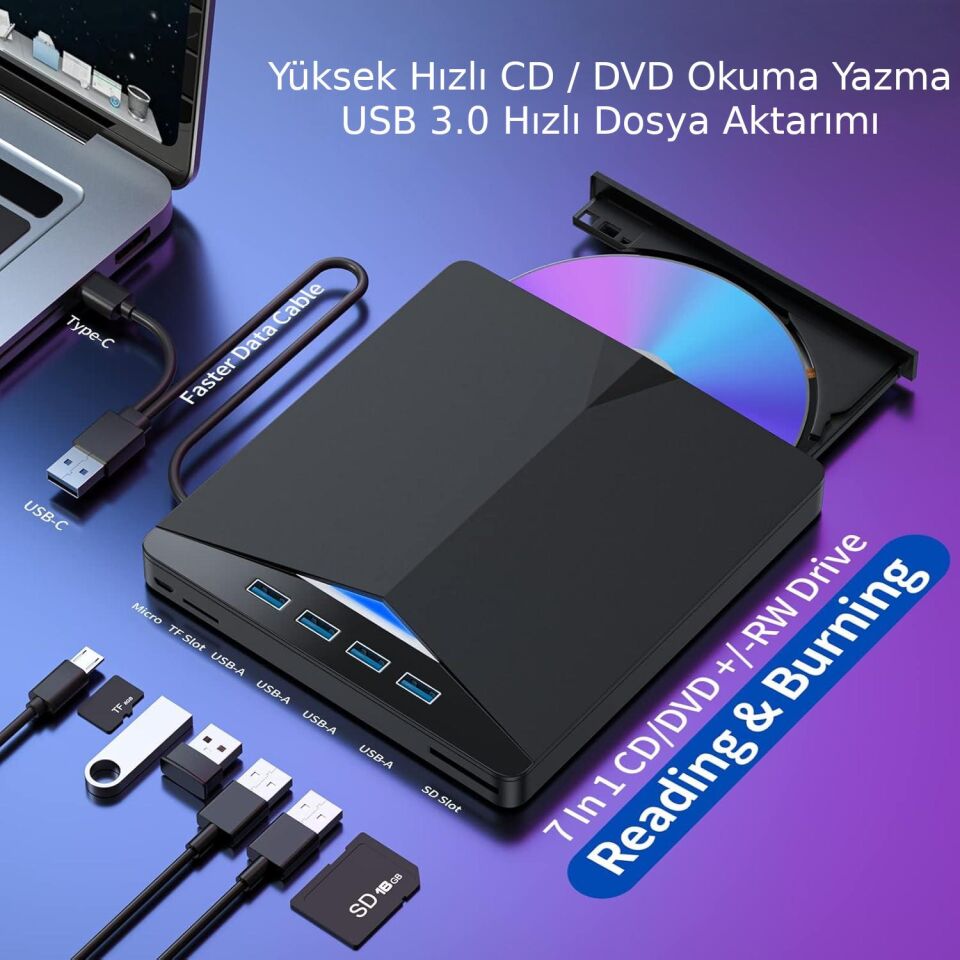 Valkyrie Harici CD DVD Rom Yazıcı Okuyucu USB 3.0 HUB Çoğaltıcı TF SD Kart Okuyucu 7in1
