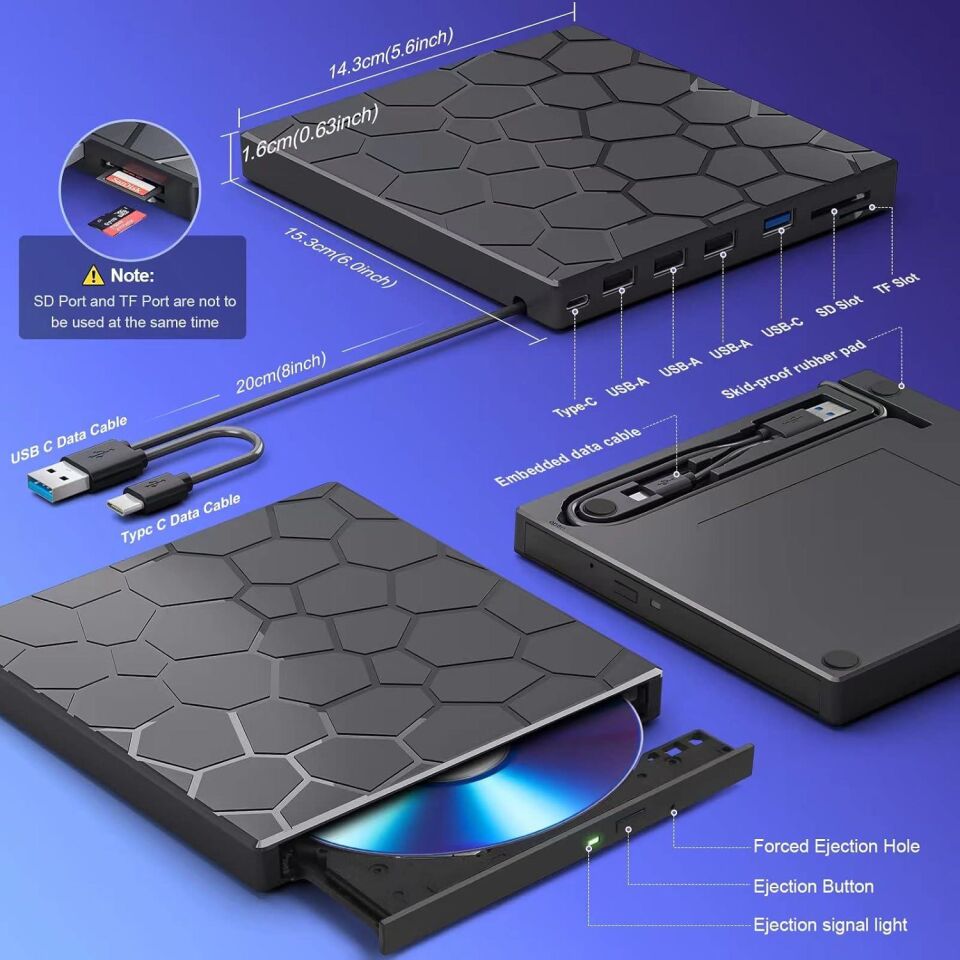Valkyrie 8in1 Harici CD DVD Okuma Yazma USB 3.0 Hub Çok Amaçlı External Drive TF SD Kart Okuyucu