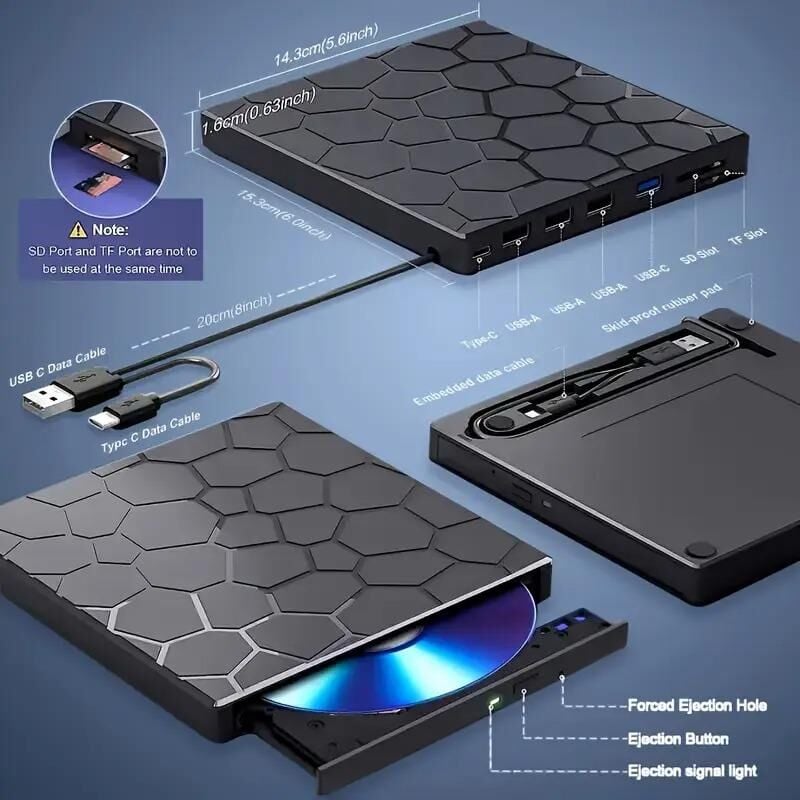 Valkyrie 8in1 Harici CD DVD Okuma Yazma USB 3.0 Hub Çok Amaçlı External Drive TF SD Kart Okuyucu
